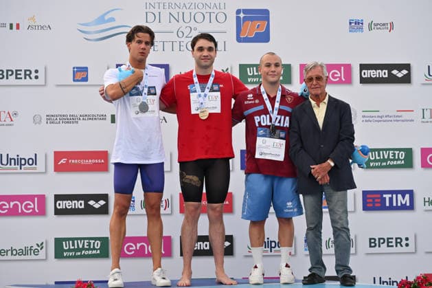 IPA86115071 - Noe PONTI, Kristof MILAK, and Michele BUSA during the medal ceremony for the men s 100-meter butterfly on the first day of the 62nd Settecolli International Swimming Trophy at the Foro Italico in Rome on June 26, 2026.  Copyright: xDomenicoxCippitelli IPAxSportx xx 86115071