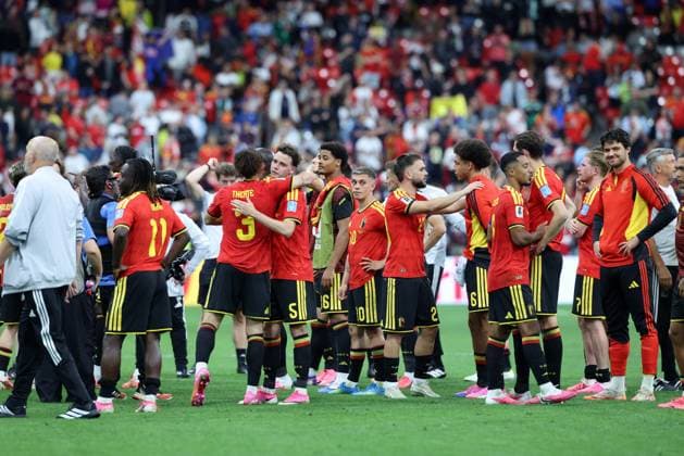 Belgium s players celebrate after winning a soccer game between Belgian national team, Nationalteam Red Devils and New Zealand, on Friday 26 June 2026, at the BC Place Vancouver stadium in Vancouver, Canada, the third game in the group stage of the FIFA World Cup, WM, Weltmeisterschaft, Fussball 2026. The Diables Rouges - Rode Duivels were drawn into Group G. BRUNOxFAHY  x179498785x