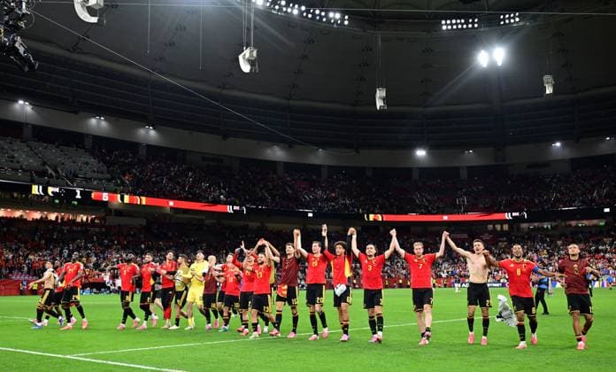 Belgium s players celebrate after winning a soccer game between Belgian national team, Nationalteam Red Devils and New Zealand, on Friday 26 June 2026, at the BC Place Vancouver stadium in Vancouver, Canada, the third game in the group stage of the FIFA World Cup, WM, Weltmeisterschaft, Fussball 2026. The Diables Rouges - Rode Duivels were drawn into Group G. BRUNOxFAHY  x179498794x