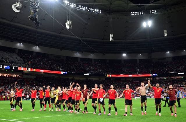 Belgium s players celebrate after winning a soccer game between Belgian national team, Nationalteam Red Devils and New Zealand, on Friday 26 June 2026, at the BC Place Vancouver stadium in Vancouver, Canada, the third game in the group stage of the FIFA World Cup, WM, Weltmeisterschaft, Fussball 2026. The Diables Rouges - Rode Duivels were drawn into Group G. DIRKxWAEM  x179498822x
