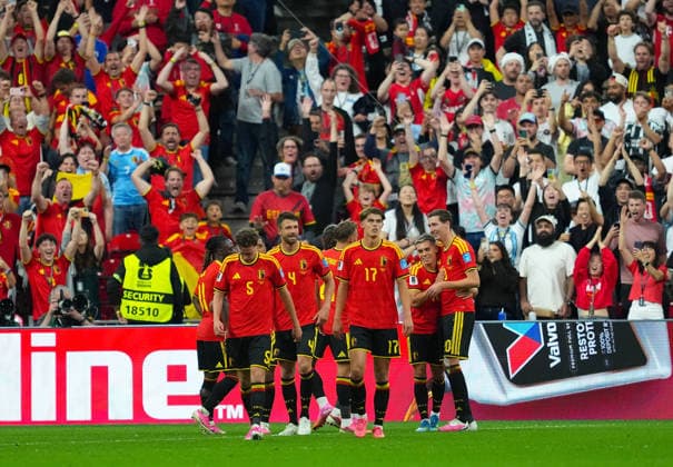 (260627) -- VANCOUVER, June 27, 2026 -- Players of Belgium celebrate their second goal during the group G match between New Zealand and Belgium at the 2026 FIFA World Cup, WM, Weltmeisterschaft, Fussball at BC Place Vancouver in Vancouver, Canada, June 26, 2026. ) (SP)CANADA-VANCOUVER-FOOTBALL-FIFA WORLD CUP-GROUP G-NZL VS BEL MengxYongmin 
