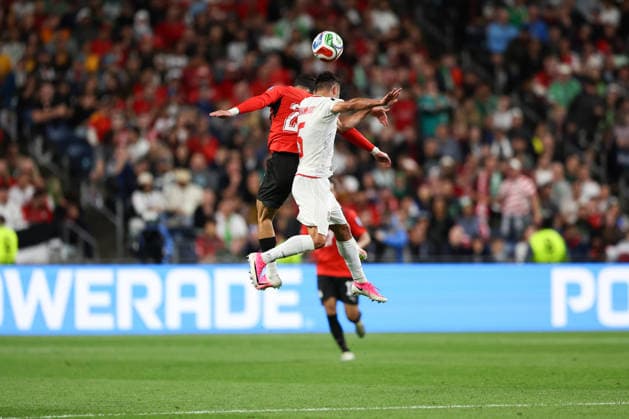 SEATTLE, WA - JUNE 26: Forward Ahmed Sayed Zizo 25 of Egypt and defender Milad Mohammadi 5 of IR Iran jump for the ball during the FIFA World Cup, WM, Weltmeisterschaft, Fussball 2026 Group G match between Egypt and IR Iran on June 26, 2026 at Seattle Stadium in Seattle, Washington. (Photo by Henry Rodenburg Icon Sportswire) SOCCER: JUN 26 FIFA World Cup 26 Group G - Egypt vs IR Iran EDITORIAL USE ONLY Icon260626024