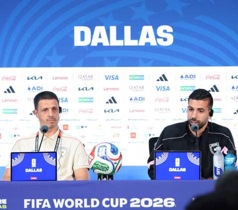 Jordan Training And press conference, PK, Pressekonferenz - FIFA World Cup, WM, Weltmeisterschaft, Fussball 2026 Head coach Jamal Sellami and Noor Alrawabdeh 8 of Jordan speak to the media during a press conference in Dallas, Texas, on June 26, 2026. The event takes place one day ahead of the FIFA World Cup 2026 Group J match between Jordan and Argentina at Dallas Stadium. texas Jordan  Copyright: xAmeenxAhmedx originalFilename:alameen-notitle260627_npVxC.jpg