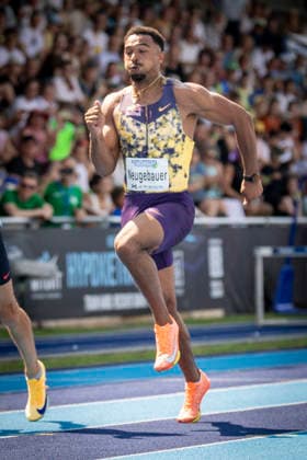 RATINGEN, GERMANY - JUNE 27, 2026 : Leo Neugebauer (GER Germany) competing in the 100m during the Multisport Event at Stadion Ratingen on June 27, 2026 in Ratingen, Germany. Nordrhein-Westfalen Germany Copyright: xAxelxKohringx