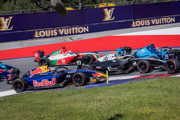 MOTORSPORTS, FORMULA 1 - GP of Austria 2026 SPIELBERG,AUSTRIA,27.JUN.26 - MOTORSPORTS, FORMULA 1 - Grand Prix of Austria, Red Bull Ring, FIA Formula 3, sprint race. Image shows Mattia Colnaghi (ITA MP Motorsport), Christian Ho (SGP Rodin Motorsport), Louis Sharp (NZL PREMA Racing) and Gerrard Xie (CHN DAMS Lucas Oil).  GEPAxpictures xMatthiasxTrinkl