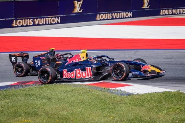 MOTORSPORTS, FORMULA 1 - GP of Austria 2026 SPIELBERG,AUSTRIA,27.JUN.26 - MOTORSPORTS, FORMULA 1 - Grand Prix of Austria, Red Bull Ring, FIA Formula 3, sprint race. Image shows Fionn McLaughlin (IRL Hitech) and Enzo Deligny (FRA Van Amersfoort Racing).  GEPAxpictures xMatthiasxTrinkl