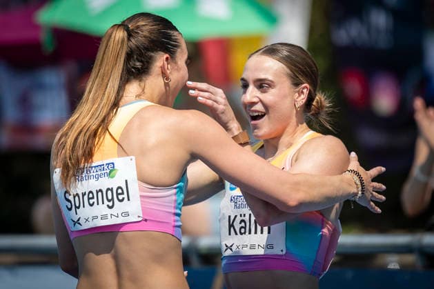 RATINGEN, GERMANY - JUNE 27, 2026 : Annik Kälin (SUI Switzerland) reacts with Sandrina Sprengel (GER Germany) after the 100m hurdles during the Multisport Event at Stadion Ratingen on June 27, 2026 in Ratingen, Germany. Nordrhein-Westfalen Germany Copyright: xAxelxKohringx