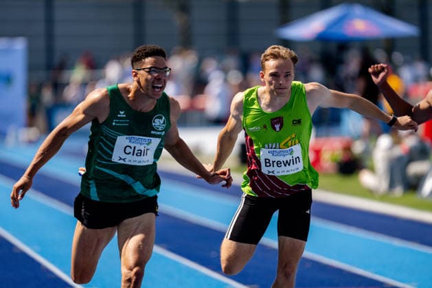 Ratingen, 27.06.2026, Leichathletik, Mehrkampf, Zehnkampf Zieleinlauf beim ersten 1. Lauf mit Leon-Joel Clair (GER, SV Halle) und Luc Brewin (France) *** Ratingen, June 27, 2026, Track and Field, Combined Events, Decathlon: Finish of the first race with Leon Joel Clair (GER, SV Halle) and Luc Brewin (France)