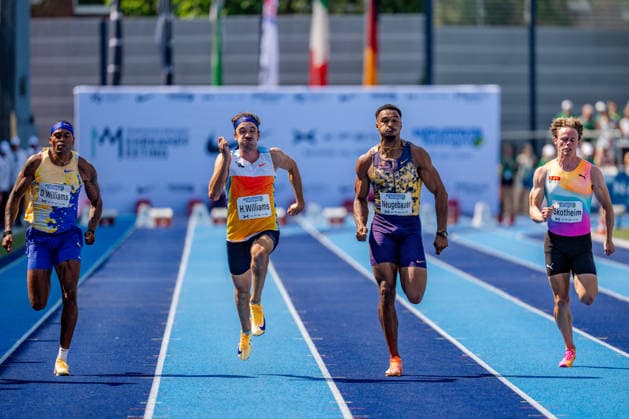Ratingen, 27.06.2026, Leichathletik, Mehrkampf, Zehnkampf Zweiter 100m Lauf der Zehnkämpfer mit v.l.n.r. Devon Williams (USA), Harrison Williams (USA), Leo Neugebauer (GER, VfB Stuttgart 1893) und Sander Skotheim (Norway) *** Ratingen, June 27, 2026, Track and Field, Combined Events, Decathlon: Second 100-meter race for the decathletes, from left to right: Devon Williams (USA), Harrison Williams (USA), Leo Neugebauer (GER, VfB Stuttgart 1893), and Sander Skotheim (Norway)