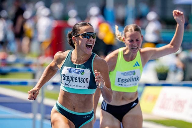 Ratingen, 27.06.2026, Leichathletik, Mehrkampf, Siebenkampf Zieleinlauf beim 100m Hürdenlauf mit Briana Stephenson (New Zealand) *** Ratingen, June 27, 2026, Track and Field, Combined Events, Heptathlon: Briana Stephenson of New Zealand crosses the finish line in the 100-meter hurdles