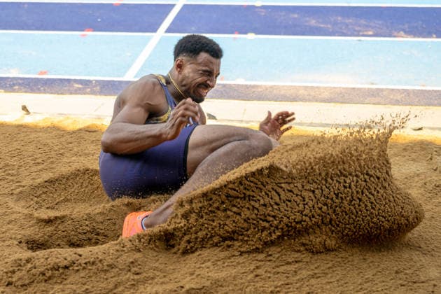 Leo Neugebauer (GER, VfB Stuttgart) bei seiner Landung. Stadtwerke Ratingen Mehrkampfmeeting 2026, Leichtathletik, 27. u. 28.06.2026 Stadtwerke Ratingen Mehrkampfmeeting 2026, Leichtathletik, 27. u. 28.06.2026 Ratingen *** Leo Neugebauer (GER), VfB Stuttgart, during his landing at the 2026 Stadtwerke Ratingen Combined Events Meeting, Track and Field, June 27 and 28, 2026; 2026 Stadtwerke Ratingen Combined Events Meeting, Track and Field, June 27 and 28, 2026, Ratingen Copyright: xEibner-Pressefoto ThomasxHaeslerx EP_THR