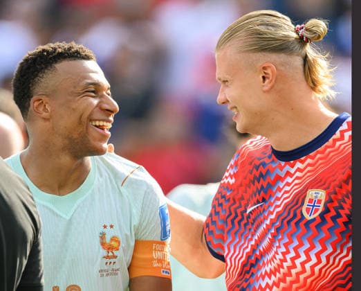 26 June 2026 - Norway v France - Boston Stadium - 2026 World Cup - USA. 26 June 2026 - Norway v France - Boston Stadium - 2026 World Cup - USA. Kylian MbappÃ with Erling Haaland. Picture : Mark Pain BOSTON USA  Copyright: xMarkxPainx