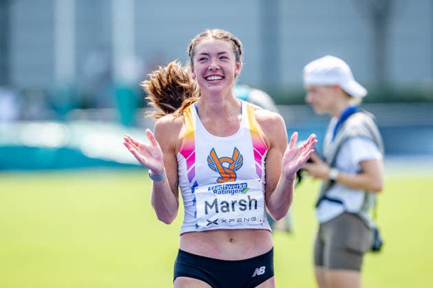 Ratingen, 27.06.2026, Leichathletik, Mehrkampf, Siebenkampf Erin Marsh (USA) jubelt den Fans zu *** Ratingen, June 27, 2026, Track and Field, Combined Events, Heptathlon: Erin Marsh of the U.S. waves to the fans