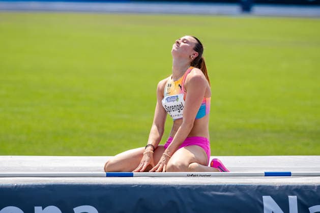 Ratingen, 27.06.2026, Leichathletik, Mehrkampf, Siebenkampf Sandrina Sprengel (GER, VfB Stuttgart 1893) ärgert sich über ihren Versuch im Hochsprung *** Ratingen, June 27, 2026, Track and Field, Combined Events, Heptathlon: Sandrina Sprengel (GER), VfB Stuttgart 1893, is frustrated with her performance in the high jump