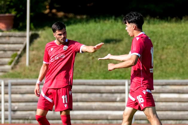 v.li.: Mert Tasdelen (SVS, 11, Neuzugang), Torschütze Luka Vukoja (SVS, 16), Spieler vom SV Sandhausen (SVS), jubeln über das Tor zum 0:3, Jubel, Torjubel, Torerfolg, celebrate the goal, goal, celebration, jubelt ueber das Tor, Freuen, Freude, freut sich, optimistisch, positiv, Spielszene, Highlight, Action, Aktion, 27.06.2026, Wiesloch (Deutschland), Fussball, Testspiel, VfB Wiesloch - SV Sandhausen *** From left: Mert Tasdelen (SVS), 11, new signing; goal scorer Luka Vukoja (SVS), 16; player from SV Sandhausen (SVS); celebrating the goal that made it 0–3, Celebration, goal celebration, scoring a goal, celebrate the goal, goal, celebration, celebrating the goal, joy, happiness, happy, optimistic, positive, game scene, highlight, action, June 27, 2026, Wiesloch, Germany, soccer, friendly match, VfB Wiesloch vs. SV Sandhausen xozx