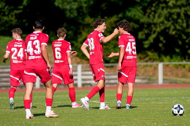 v.li.: Ken Gipson (SVS, 24), Medin Kojic (SVS, 43, Probespieler), Niklas Tarnat (SVS, 6), Tom Glock (SVS, 38), Torschütze Batu Jonathan Akgöz (SVS, 45), Spieler vom SV Sandhausen (SVS), jubeln über das Tor zum 0:5, Jubel, Torjubel, Torerfolg, celebrate the goal, goal, celebration, jubelt ueber das Tor, Freuen, Freude, freut sich, optimistisch, positiv, Spielszene, Highlight, Action, Aktion, 27.06.2026, Wiesloch (Deutschland), Fussball, Testspiel, VfB Wiesloch - SV Sandhausen *** From left: Ken Gipson (SVS), 24; Medin Kojic (SVS), 43; trial player; Niklas Tarnat SVS, 6, Tom Glock SVS, 38, goal scorer Batu Jonathan Akgöz SVS, 45, SV Sandhausen SVS players, celebrating the goal that made it 0–5, Celebration, goal celebration, scoring a goal, celebrate the goal, goal, celebration, celebrating the goal, joy, happiness, happy, optimistic, positive, game scene, highlight, action, 27 06 2026, Wiesloch, Germany, soccer, friendly match, VfB Wiesloch vs. SV Sandhausen xozx