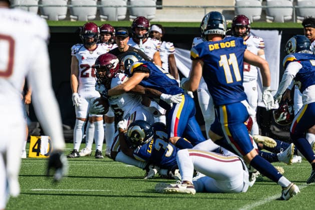 Nazir Streater (Rhein Fire, 5), Lou De Boe (Alpine Rams, 11), Jeremy Lawson (Alpine Rams, 31). Alpine Rams vs Rhein Fire, American Football, American Football League Europe, Week 6, 2026, 27.06.2026, Copyright: xRicoxDoninellix