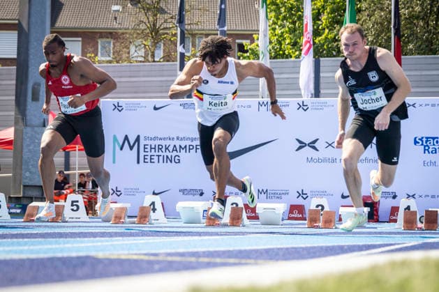 RATINGEN, GERMANY - JUNE 27, 2026 : Fred Isaac Fleurisson (GER Germany), Dai Keita (BEL Belgium) and Roman Jocher (GER Germany) over 100m competing during the Multisport Event at Stadion Ratingen on June 27, 2026 in Ratingen, Germany. Nordrhein-Westfalen Germany Copyright: xLeahxKohringx