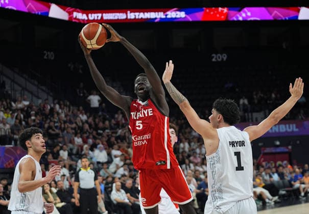 Turkiye v New Zealand - FIBA U17, U 17 Basketball World Cup ISTANBUL, TURKIYE - JUNE 27: Besir Briant (5) of Turkiye competes with Lawson Pryor (1) of New Zealand during the FIBA U17 Basketball World Cup match between New Zealand and Turkiye at the Basketball Gelisim Center, on June 27, 2026, in Istanbul, Turkiye. Esra Bilgin Anadolu Istanbul Turkey. Editorial use only. Please get in touch for any other usage.  Copyright: x2026xAnadoluxEsraxBilginx
