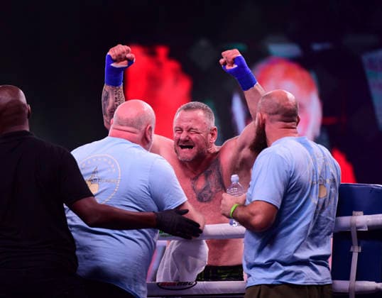 RECORD DATE NOT STATED 27th June 2026; Vindico Arena, Cardiff, Wales; BKB Bare Knuckle Boxing 55 Carnage in Cardiff; Kamil Sokolowski v Mark ONeil (Heavyweight) - Mark ONeil celebrates a TKO (by Doctor) in 26 seconds AledxHopkins