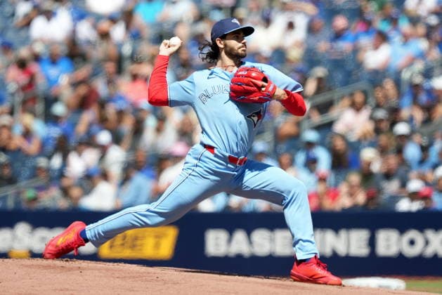 June 27, 2026, Toronto, On, CANADA: Toronto Blue Jays pitcher Dylan Cease (84) pitches during first inning American League MLB, Baseball Herren, USA baseball action against the Texas Rangers, in Toronto, Saturday, June 27, 2026. Canada News - June 27, 2026  - ZUMAc35_ 20260627_zaf_c35_049 Copyright: xNathanxDenettex