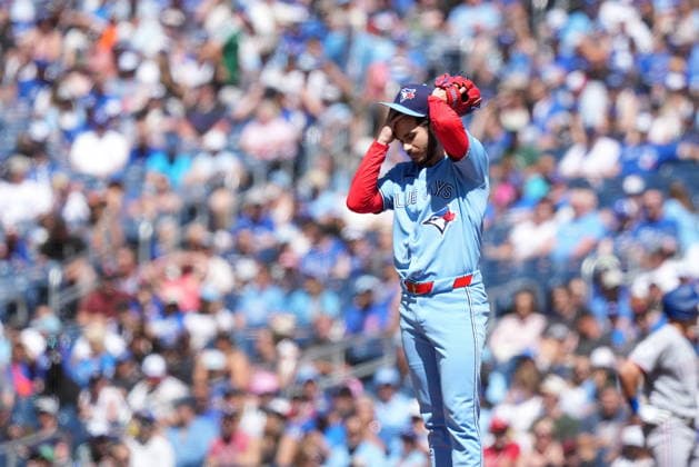 June 27, 2026, Toronto, On, CANADA: Toronto Blue Jays pitcher Dylan Cease (84) reacts after allowing three walks during first inning American League MLB, Baseball Herren, USA baseball action against the Texas Rangers, in Toronto, Saturday, June 27, 2026. Canada News - June 27, 2026  - ZUMAc35_ 20260627_zaf_c35_062 Copyright: xNathanxDenettex