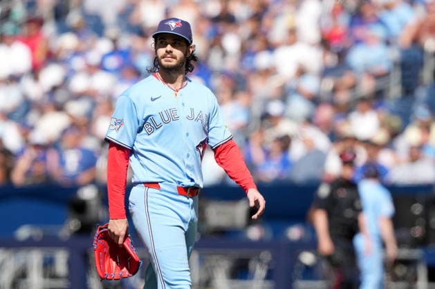 June 27, 2026, Toronto, On, CANADA: Toronto Blue Jays pitcher Dylan Cease (84) walks back to the dugout after being pulled from the game during fifth inning American League MLB, Baseball Herren, USA baseball action against the Texas Rangers, in Toronto, Saturday, June 27, 2026. Canada News - June 27, 2026  - ZUMAc35_ 20260627_zaf_c35_073 Copyright: xNathanxDenettex