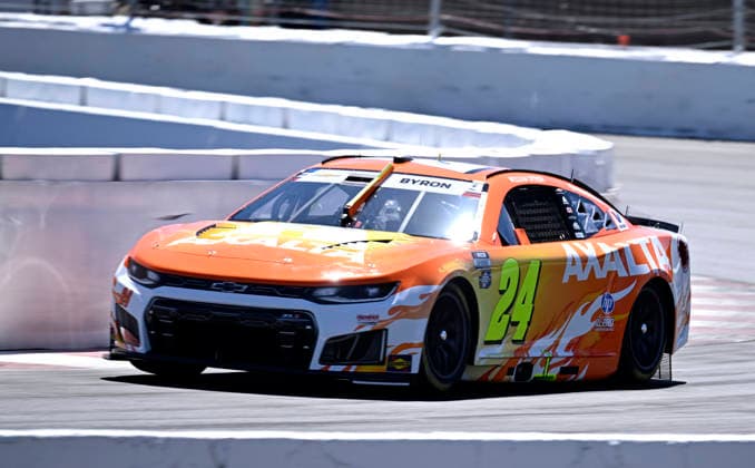 SONOMA, CA - JUNE 27: William Byron ( 24 Hendrick Motorsports Axalta Solar Boost Chevrolet) races through turn 11 during practice for the NASCAR, Motorsport, USA Cup Series Toyota Save Mart 350 on June 27, 2026, at Sonoma Raceway in Sonoma, CA. (Photo by Will Lester Icon Sportswire) AUTO: JUN 27 NASCAR Cup Series Toyota Save Mart 350 EDITORIAL USE ONLY Icon26062711130