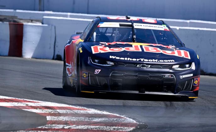 SONOMA, CA - JUNE 27: Shane Van Gisbergen ( 97 Trackhouse Racing Red Bull Chevrolet) races through turn 11 during practice for the NASCAR, Motorsport, USA Cup Series Toyota Save Mart 350 on June 27, 2026, at Sonoma Raceway in Sonoma, CA. (Photo by Will Lester Icon Sportswire) AUTO: JUN 27 NASCAR Cup Series Toyota Save Mart 350 EDITORIAL USE ONLY Icon26062711526