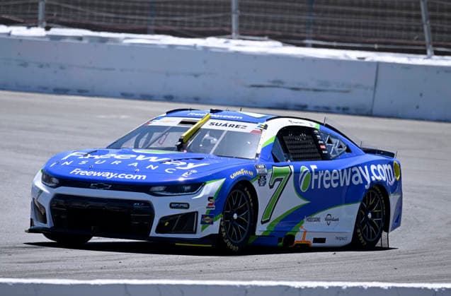 SONOMA, CA - JUNE 27: Daniel Suarez ( 7 Spire Motorsports Freeway Insurance Chevrolet) races through turn 11 during practice for the NASCAR, Motorsport, USA Cup Series Toyota Save Mart 350 on June 27, 2026, at Sonoma Raceway in Sonoma, CA. (Photo by Will Lester Icon Sportswire) AUTO: JUN 27 NASCAR Cup Series Toyota Save Mart 350 EDITORIAL USE ONLY Icon26062711635
