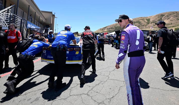 SONOMA, CA - JUNE 27: Denny Hamlin ( 11 Joe Gibbs Racing Yahoo! Toyota) walks back to the garage following qualifyiing for the NASCAR, Motorsport, USA Cup Series Toyota Save Mart 350 on June 27, 2026, at Sonoma Raceway in Sonoma, CA. (Photo by Will Lester Icon Sportswire) AUTO: JUN 27 NASCAR Cup Series Toyota Save Mart 350 EDITORIAL USE ONLY Icon26062711958