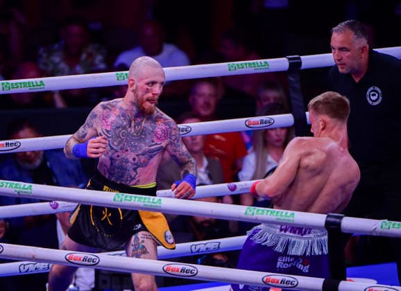 RECORD DATE NOT STATED 27th June 2026; Vindico Arena, Cardiff, Wales; BKB Bare Knuckle Boxing 55 Carnage in Cardiff; Iestyn Edwards v Ash Williams (Super Featherweight) - Ash Williams - looking to land a punch AledxHopkins
