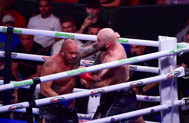 RECORD DATE NOT STATED 27th June 2026; Vindico Arena, Cardiff, Wales; BKB Bare Knuckle Boxing 55 Carnage in Cardiff; Dan Podmore v Jarome Hatch (Bridgerweight) - Hatch pushes Dan Podmore into a corner AledxHopkins