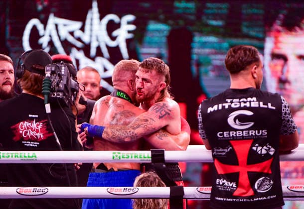 RECORD DATE NOT STATED 27th June 2026; Vindico Arena, Cardiff, Wales; BKB Bare Knuckle Boxing 55 Carnage in Cardiff; Daniel Lerwell v Danny Mitchell - Lerwell wins in the 2nd round by knock out AledxHopkins
