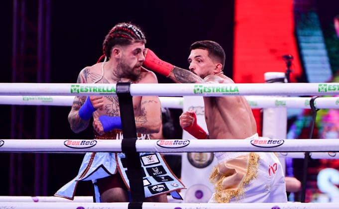 RECORD DATE NOT STATED 27th June 2026; Vindico Arena, Cardiff, Wales; BKB Bare Knuckle Boxing 55 Carnage in Cardiff; Lee Selby v Antonio Rizzo (Super Lightweight) - Selby lands a punch on Rizzo AledxHopkins