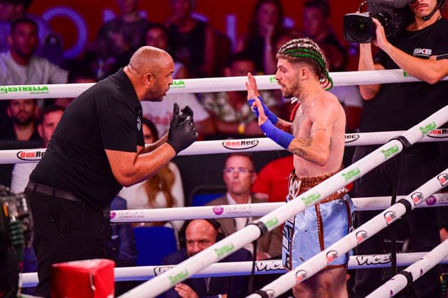 RECORD DATE NOT STATED 27th June 2026; Vindico Arena, Cardiff, Wales; BKB Bare Knuckle Boxing 55 Carnage in Cardiff; Lee Selby v Antonio Rizzo (Super Lightweight) - Ref counting Rizzo after hes been knocked down AledxHopkins