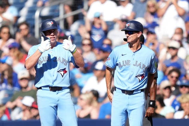 June 27, 2026, Toronto, On, CANADA: Toronto Blue Jays first baseman Sean Keys (20) celebrates after making his career-first major league hit during sixth inning American League MLB, Baseball Herren, USA baseball action against the Texas Rangers, in Toronto, Saturday, June 27, 2026. Canada News - June 27, 2026  - ZUMAc35_ 20260627_zaf_c35_114 Copyright: xNathanxDenettex
