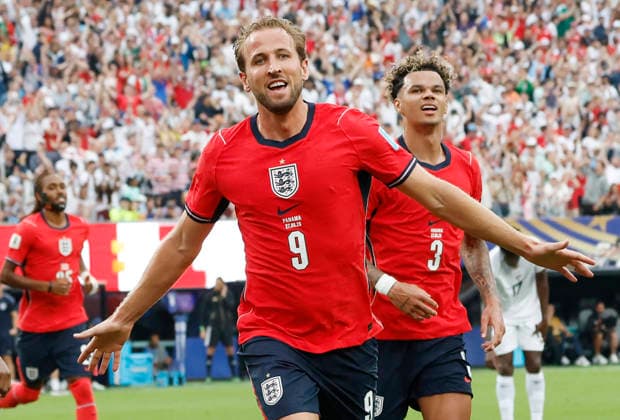 England s Harry Kane celebrates after scoring a goal against Panama in the second half of their FIFA World Cup, WM, Weltmeisterschaft, Fussball match at New York New Jersey Stadium in East Rutherford, New Jersey, on Saturday, June 27, 2026.  NYP20260627927 JOHNxANGELILLO