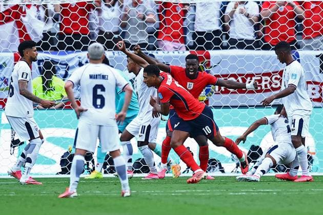 Jude Bellingham celebrates scoring for England Panama v England, 2026 FIFA World Cup, WM, Weltmeisterschaft, Fussball Group L, Football, New York New Jersey Stadium, East Rutherford, New Jersey, USA - 27 Jun 2026East Rutherford New York New Jersey Stadium New Jersey (NJ) United States of America EDITORIAL USE ONLY No use with unauthorised audio, video, data, fixture lists, club league logos or live services. Online in-match use limited to 120 images, no video emulation. No use in betting, games or single club league player publications.  Copyright: xMichaelxZemanek Shutterstockx 16964354bq