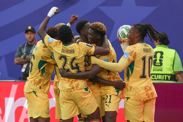 Players of Ghana celebrate a goal by Derrick Luckassen during a Group L match of the FIFA World Cup, WM, Weltmeisterschaft, Fussball 2026 between Croatia and Ghana at Lincoln Financial Field stadium in Philadelphia (United States). FIFA World Cup 2026: Croacia vs. Ghana !ACHTUNG: NUR REDAKTIONELLE NUTZUNG!  Copyright: xOctavioxGuzmánx GR7059 20260627-55020732123_1