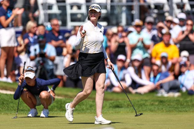 Karis Davidson of Australia reacts to finishing her round on the 18th green during the third round of the 2026 KPMG Women s PGA, Golf Herren Championship at Hazeltine National Golf Club on June 27, 2026 in Chaska, Minnesota. CSM. Chaska USA - ZUMAc04_ 20260627_zma_c04_146 Copyright: xStevenxGarciax