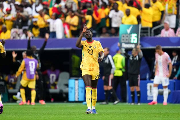 June 27, 2026: Ghana Defender Derrick Luckassen (23) celebrates a goal during the second half of a World Cup Match against Croatia at Philadelphia Stadium in Philadelphia, Pennsylvania. CSM FIFA World Cup, WM, Weltmeisterschaft, Fussball 2026: Croatia Vs Ghana JUN 27  - ZUMAc04_ 20260627_zma_c04_213 Copyright: xKylexRoddenx