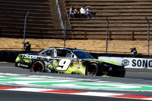 SONOMA, CA - JUNE 27: Shane Van Gisbergen ( 9 JR Motorsports SuperFile Chevrolet) leads the Pit Boss FoodMaxx 250 NASCAR, Motorsport, USA O™Reilly Auto Parts Series race on June 27, 2026 at Sonoma Raceway in Sonoma, CA. (Photo by Jeff Speer Sonoma Raceway Icon Sportswire) AUTO: JUN 27 NASCAR O™Reilly Auto Parts Series Pit Boss FoodMaxx 250 EDITORIAL USE ONLY Icon2606276823