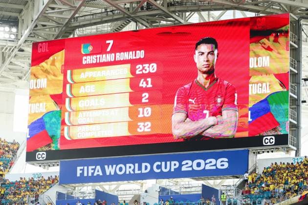 RECORD DATE NOT STATED FIFA World Cup, WM, Weltmeisterschaft, Fussball 2026 - Group K - Colombia v Portugal Cristiano Ronaldo s name on the stadium s giant screen during the lineup announcement before the match between Colombia and Portugal in the third round of Group K of the 2026 FIFA World Cup group stage at Miami Stadium, in Florida, United States, on Saturday, June 27, 2026.(Foto: Vanessa Carvalho Brazil Photo Press IMAGO) Sports Copyright: xVanessaxCarvalhox