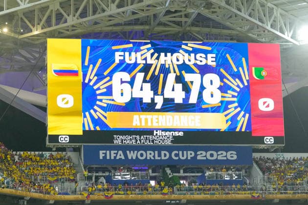 . Scoreboard with attendance during the FIFA World Cup, WM, Weltmeisterschaft, Fussball 2026 Group K match between Colombia and Portugal at Miami Stadium on June 27, 2026 in Miami, United States. (Photo by Alex Gottschalk DeFodi Images) - *** Scoreboard showing attendance during the 2026 FIFA World Cup Group K match between Colombia and Portugal at Miami Stadium on June 27, 2026, in Miami, United States. Photo by Alex Gottschalk, DeFodi Images