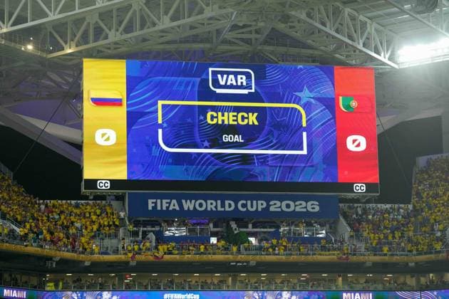 . Scoreboard with VAR check during the FIFA World Cup, WM, Weltmeisterschaft, Fussball 2026 Group K match between Colombia and Portugal at Miami Stadium on June 27, 2026 in Miami, United States. (Photo by Alex Gottschalk DeFodi Images) - *** Scoreboard with VAR review during the 2026 FIFA World Cup Group K match between Colombia and Portugal at Miami Stadium on June 27, 2026, in Miami, United States. Photo by Alex Gottschalk, DeFodi Images