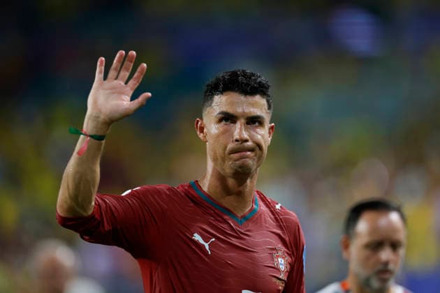 Cristiano Ronaldo of Portugal reacts after the FIFA World Cup, WM, Weltmeisterschaft, Fussball 2026 group stage match Colombia against Portugal at the Hard Rock Stadium in Miami, United States, 27 June 2026. FIFA World Cup 2026 - Group K - Colombia vs Portugal !ACHTUNG: NUR REDAKTIONELLE NUTZUNG!  Copyright: xAlbertoxEstevezx GR7195 20260628-55020733043_1