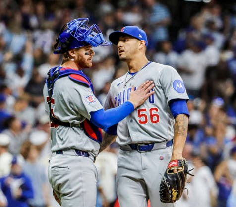 Chicago Cubs relief pitcher Vince Velasquez (R) and Chicago Cubs catcher Carson Kelly (L) celebrate after the final out in the ninth inning of the MLB, Baseball Herren, USA game between the Chicago Cubs and the Milwaukee Brewers at American Family Field in Milwaukee, Wisconsin on Saturday, June 27, 2026. The Cubs defeated the Brewers 8-2.  MIL20260627840 TANNENxMAURY
