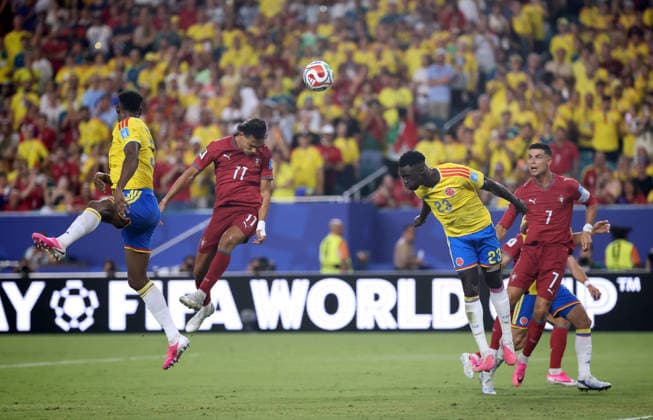 (260628) -- MIAMI, June 28, 2026 -- Joao Felix (2nd L) of Portugal jumps for a header during the group K match between Colombia and Portugal at the 2026 FIFA World Cup, WM, Weltmeisterschaft, Fussball at Miami Stadium, Miami, the United States, June 27, 2026. ) (SP)U.S.-MIAMI-FOOTBALL-FIFA WORLD CUP-GROUP K-COL VS POR ZhangxChen 