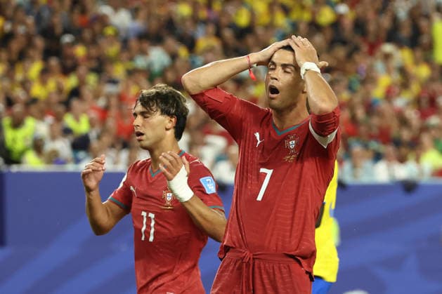 MIAMI GARDENS, FL - JUNE 27: Portugal forward Cristiano Ronaldo (7) and Portugal forward Joao FÃ lix (11) react to a missed scoring chance in the second half during the FIFA World Cup, WM, Weltmeisterschaft, Fussball 2026 Group K match between Columbia and Portugal on Saturday, June 27, 2026 at Miami Stadium in Miami Gardens, FL (Photo by Peter Joneleit Icon Sportswire)(Photo by Peter Joneleit Icon Sportswire) SOCCER: JUN 27 FIFA World Cup 26 Group K - Colombia vs Portugal EDITORIAL USE ONLY Icon260627069